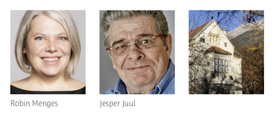 Collage, bestehend aus: Porträt Robin Menges, Porträt Jesper Juul, Foto vom Haus (Außenansicht), in dem sich das IGfB-Büro in Innsbruck befand