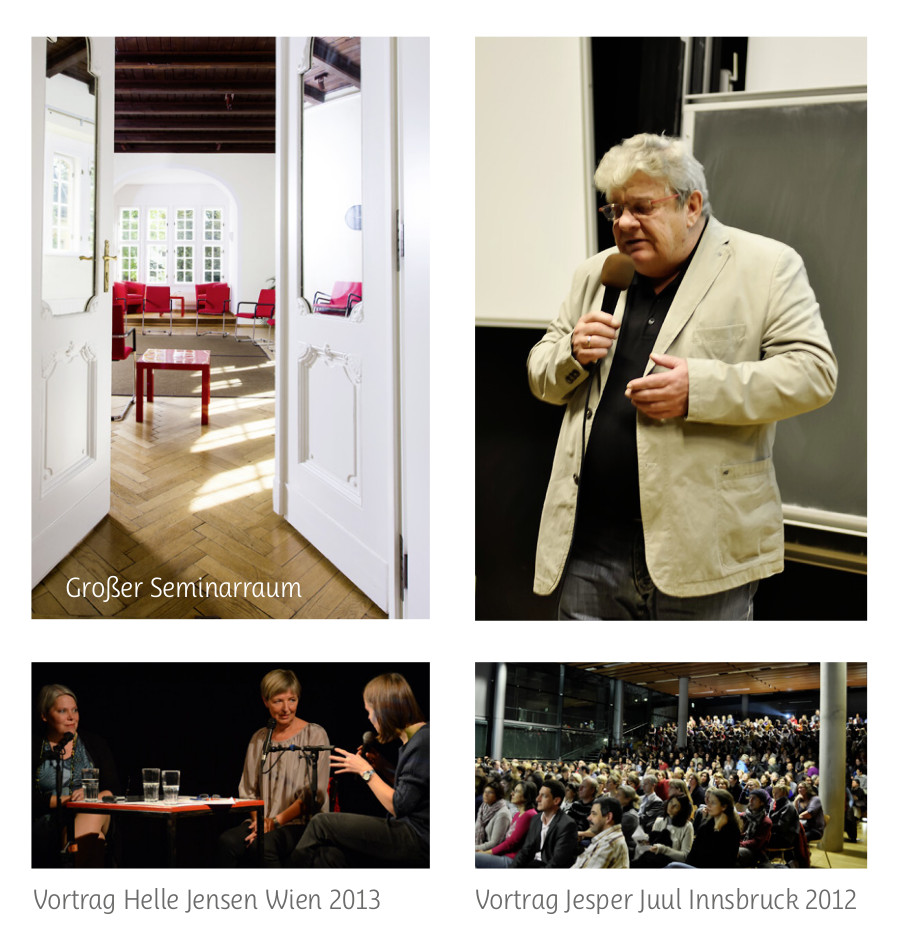 Collage, bestehend aus: Foto vom großen Seminarraum im IGfB-Büro, Jesper Juul während eines Vortrags, Podium beim Vortrag von Helle Jensen in Wien 2013, Voller Zuhörer:innen-Saal beim Vortrag von Jesper Juul in Innsbruck 2012