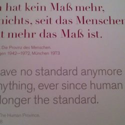 Zitat: "Man hat kein Maß mehr, für nichts, seit das Menschenleben nicht mehr das Maß ist." Elias Canetti, Die Provinz des Menschen